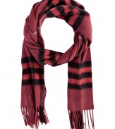 Finish your look on an iconic note with Burberry Londons giant check scarf, detailed in brushed cashmere for luxuriously cozy results - Fringing at both ends - Wear inside over bright knit sweaters, or outdoors over classic coats with leather gloves