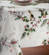 Elegantly dress your table this season with Lenox Winter Song Collection table linens. Collection features an idyllic winter scene in which songbirds chirp among pinecones and holly berries. Coordinating dinnerware is also available. (Clearance)