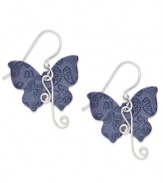 Breezy and bohemian. Jody Coyote's cute drop earrings feature purple-colored bronze patina butterflies, set in sterling silver with silver accents. Approximate drop: 1-1/4 inches.