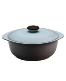 Handsome and understated from Denby dinnerware. Dishes, like the Sienna casserole, feature a matte mocha surface with a glazed blue lid and interior for smart-casual style with steaming hot entrees.