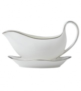 The classic, heirloom-quality Sterling dinnerware and dishes pattern by Wedgwood is designed for formal entertaining, in pristine white bone china banded with polished platinum.