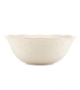 With fanciful beading and a feminine edge, this serving bowl from the Lenox French Perle white dinnerware collection has an irresistibly old-fashioned sensibility. Hard-wearing stoneware is dishwasher safe and, in a soft white hue with antiqued trim, a graceful addition to every meal. Qualifies for Rebate