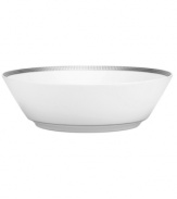 Go platinum. A solid band and three tiers of sparkling squares in white porcelain give the Pembroke Platinum soup bowl a look that's festive yet refined. A brilliant addition to a contemporary dinnerware collection by Noritake. Item differs slightly from product shown; no platinum banding at base.