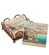 Designed to inspire, Thirstystone coasters will protect tables and have you dreaming of the Italian Riviera with a full-color image set in natural travertine. With cork backing and wrought iron holder.