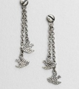 Delicately feathered birds dangle delightfully from graceful chains with screw-head detail.Oxidized rhodium and palladium platingLength, about 2Post backImported