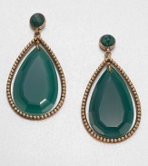 Elegant pear-shaped green agate with a bronze frame inspired by the designer's love of nature's bounty. Green agateBronzeDrop, about 2.25Post backMade in USA