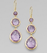 From the Rock Candy Collection. Three graduated shapes of softly hued, richly faceted amethyst dangle from a gleaming setting of 18k gold.Amethyst 18k yellow gold Length, about 2¼ Ear wire Imported