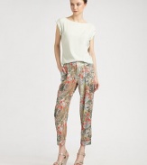 Classic trousers get a touch of feminine chic in printed silk with a hint of stretch.Wide waistband with belt loopsFront zip with hook-and-bar closureInverted pleatsSide slash pocketsBack slash pocketsCuffed legsRise, about 10Inseam, about 2995% silk/5% spandexDry cleanImportedModel shown is 5'10 (177cm) wearing US size 4.