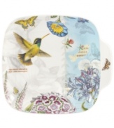 A fresh take on Portmeirion's beloved Botanic Garden pattern, the Botanic Hummingbird canape plates feature colorful wildlife layered with muted blooms on modern white porcelain.