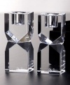 Give decor a distinctly modern edge with Lexington candle holders. Heavy optic glass cut in bold geometric shapes bring acclaimed designer Oleg Cassini's keen sense of style right into your living room.