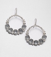 From the Social Graces Collection. A modern and sparkling design with faceted stones in various shapes set in a graduated hoop drop style. Glass stonesWhite metalDrop, about 2.5Hook backImported 