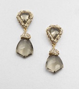 From the Miss Havisham Collection. Shield-shaped drops of faceted smokey quartz exude elegance as they hang from pyrite and white quartz doublets framed in dazzling Swarovski crystals.CrystalWhite quartz, smokey quartz and pyriteGoldtoneLength, about 3.25Post backMade in USA