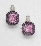 A cushion-cut pink corundum stone surrounded by pavé amethyst stones set in textured sterling silver. Pink corundum and amethystSterling silverLength, about .75Lever backImported 