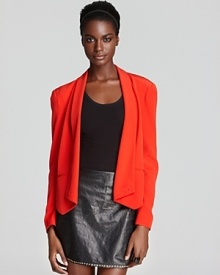 A fiery Rebecca Minkoff blazer flaunts a pointed hem for a modern topping to downtown staples. Rendered in luxurious, lightweight silk, the bold look lends instant cool to your every day.