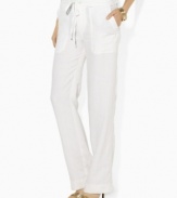 A chic wide-leg pant is updated for the season, rendered in breezy washed linen, from Lauren by Ralph Lauren.