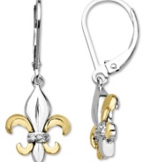 Symbolic and sparkling, these pretty Fleur De Lis earrings match perfectly with any outfit, while diamond accents add shine. Crafted in sterling silver and 14k gold. Approximate drop: 3/4 inch.