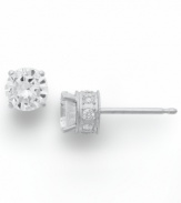 Diamond stud earrings have never sparkled so bright. This unique style features a round-cut diamond at center with a row of round-cut diamonds in the post (3/4 ct. t.w.). Four-prong setting crafted in 14k white gold. Approximate diameter: 5-1/5 mm.