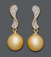 Elegance redefined by polish and shine. These unique wave-shaped drops feature cultured Golden South Sea pearls (10-11 mm) and sparkling, round-cut diamonds (1/4 ct. t.w.). Setting crafted in 14k gold. Approximate drop: 1-1/4 inches.