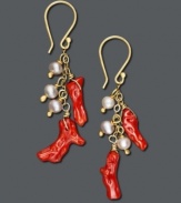 Red-hot earrings with a hint of sophistication. Smooth cultured freshwater pearls (3 mm) combine with bright coral branches in a 14k gold setting. Approximate drop: 1 inch.