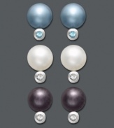 Pick and choose from three pairs of elegant pearl earrings. Fresh by Honora stud set features blue, white, and eggplant-colored cultured freshwater pearls (7-1/2-8 mm) with bezel-set blue and white topaz accents. Set in sterling silver.