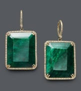 Playful shapes in vivid hues add just the right touch to your party wear. Emerald-cut dyed-green corundum sapphires (61 ct. t.w.) add vivacity while round-cut diamonds (3/4 ct. t.w.) make this style shine. Set in 14k gold. Approximate drop: 1 inch. Stones from Brazil.