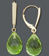 Spice up your look with a touch of green shimmer. Faceted peridot drops (11 ct. t.w.) really shine in a 14k gold leverback setting. Approximate drop: 1-1/8 inches.