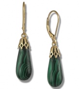 Like royalty. Shaped into perfect teardrops, two malachite gems (8 mm x 22 mm) are set in 14k gold, providing any outfit with a vibrant pop of green. Approximate drop: 1 inch.