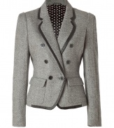 This stylish blazer add some formal elegance to your work wardrobe - Made of fine wool-viscose blend with a salt and pepper look - Decorative leather piping - Slim and fitted with fashionable flap pockets and double row of buttons - Perfect for the office with matching suit pants and heels or with skinny jeans and peep toes for a chic, relaxed look