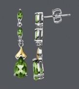 Cascading elegance and a hint of sparkle, too. These exquisite drops feature pear and marquise-cut peridot with sparkling diamond accents. Earrings crafted in sterling silver with a hint of 14k gold. Approximate drop: 1 inch.