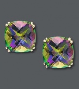 Irresistibly iridescent. These stunning stud earrings feature cushion-cut mystic topaz (9-1/2 ct. t.w.) set in 14k gold. Approximate diameter: 2/5 inch.