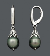 Nothing says elegance more than a colorful splash of pearl. These chic, Tahitian cultured pearl drops (8-10 mm) feature a sterling silver leverback setting. Approximate drop: 1-1/2 inches.