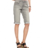 Say bye-bye to boring blues in these cuffed Bermuda shorts in a versatile grey wash from DKNY Jeans. Pair them with a  peasant top or A-line tank top!