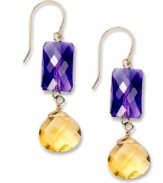 Double the fun. Vibrant rectangle-cut amethyst (9 ct. t.w.) and pear-cut citrine (8 ct. t.w.) adorn these stunning drop earrings. Set in 14k gold. Approximate drop: 1-1/2 inches.