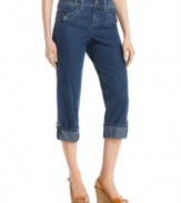 Cool button tabs add a new look to Style&co.'s tummy control denim capris. The cuffed hem gives them an edgy touch, too!