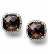 Up your glam factor. Victoria Townsend's stunning stud earrings feature cushion-cut smokey topaz (12 ct. t.w.) and sparkling diamond accents. Crafted in 18k gold over sterling silver. Approximate diameter: 1/2 inch.