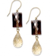 A neutral blend. Rectangular smokey quartz (8 ct. t.w.) and citrine (6 ct. t.w.) adorn these stunning drop earrings. Set in 14k gold. Approximate drop: 1-1/2 inches.