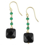 The perfect pop of color. Faceted black onyx stones (11 ct. t.w.) combine with petite green onyx beads (1-9/10 ct. t.w.) for standout style. Set in 18k gold over sterling silver. Approximate drop: 1-1/2 inches.