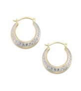 An intricate Greek Key design makes these 14k two-tone gold hoop earrings eye-catching.