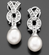 Superior beauty with a lovely design; these gorgeous earrings will always be with you. Featuring cultured freshwater pearls (9mm) and round-cut diamonds (3/8 ct. t.w.) set in 14k white gold. Approximate drop: 1 inch.