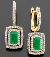 Experience opulance with these gorgeous earrings featuring emerald-cut emerald (1-1/10 ct. t.w.) and diamond accents set in 14k gold. Approximate drop: 3/4 inches.