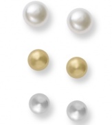 A triple threat! Giani Bernini's sophisticated stud earrings set features white, gold and grey cultured freshwater pearls with sterling silver and 24k gold over sterling silver post settings. Approximate diameters: 4, 5, and 6 mm.