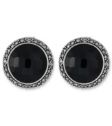 Punctuate your style. Circular button studs by Genevieve & Grace feature faceted onyx (14 ct. t.w.) encircled by glittering marcasite. Set in sterling silver with an omega clip-on backing for non-pierced ears. Approximate diameter: 13/16 inch.