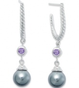 The perfect blend of sparkle and polish. These sterling silver hoop earrings feature round-cut amethyst (1/4 ct. t.w.) and grey shell pearls (8mm). Approximate drop: 3/4 inch.