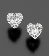 Show her you care with lovely 14k white gold heart-shaped diamond earrings featuring round and baguette-cut diamonds (1/7 ct. t.w.) for the perfect amount of sparkle.