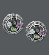 Ocean-inspired design. Genevieve & Grace's unique circular stud earrings feature a pretty pool of color, including blue topaz (5/8 ct. t.w.), amethyst (2/3 ct. t.w.) and abalone encircled by marcasite. Post backing and setting crafted in sterling silver. Approximate diameter: 5/8 inch.