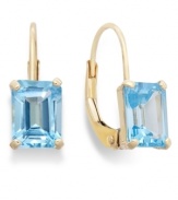 Ocean-blue hues. Add a vibrant pop of color to your look with emerald-cut blue topaz (2 ct. t.w.) set in luminous 14k gold. Approximate drop: 1/2 inch.