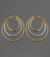 Add sparkling dimension to your ears with these chic triple-hoop earrings. In 14k gold and sterling silver; measures approximately 2 inches in diameter.