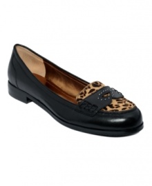 This fall, the smart money is on penny loafers as a classically chic casual look. Ellen Tracy's Relay sees this traditional silhouette in a stylish new light, thanks to glossy patent leather finishes and leather with leopard-print haircalf detailing.