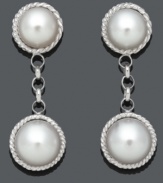 An elegant style pick-me-up. These sophisticated drops feature two cultured freshwater pearls (8-9 mm and 9-10 mm) edged by an intricate rope design in sterling silver. Approximate drop: 1-1/4 inches.