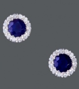 Sweet button studs add a touch of simplicity and sparkle to any look. Effy Collection design set in 14k white gold with round-cut sapphires (7/8 ct. t.w.) encircled by round-cut diamonds (1/8 ct. t.w.). Approximate diameter: 1/4 inch.